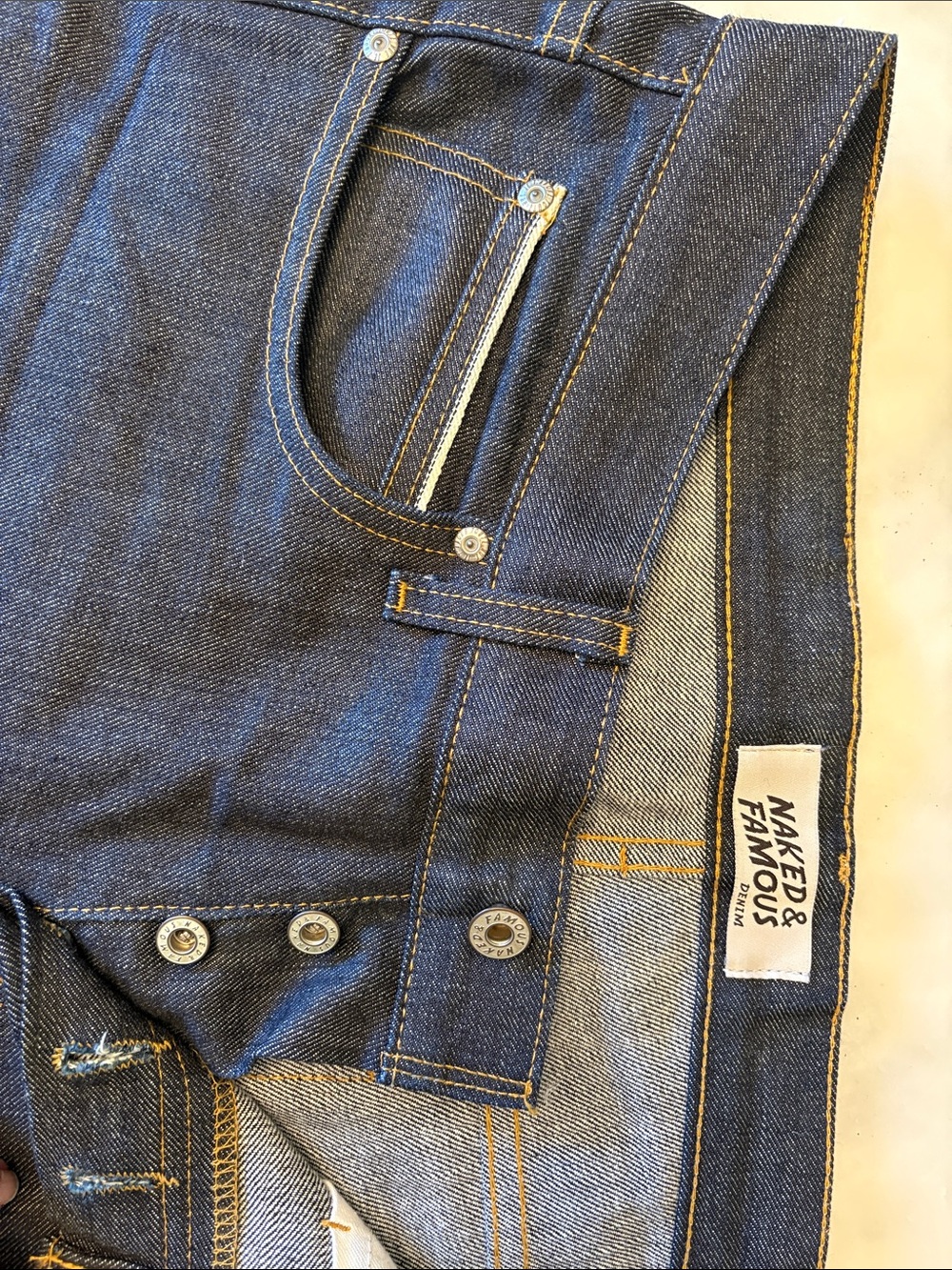 Naked & Famous Denim Indigo Straight Jeans with Yellow Contrast Stitching